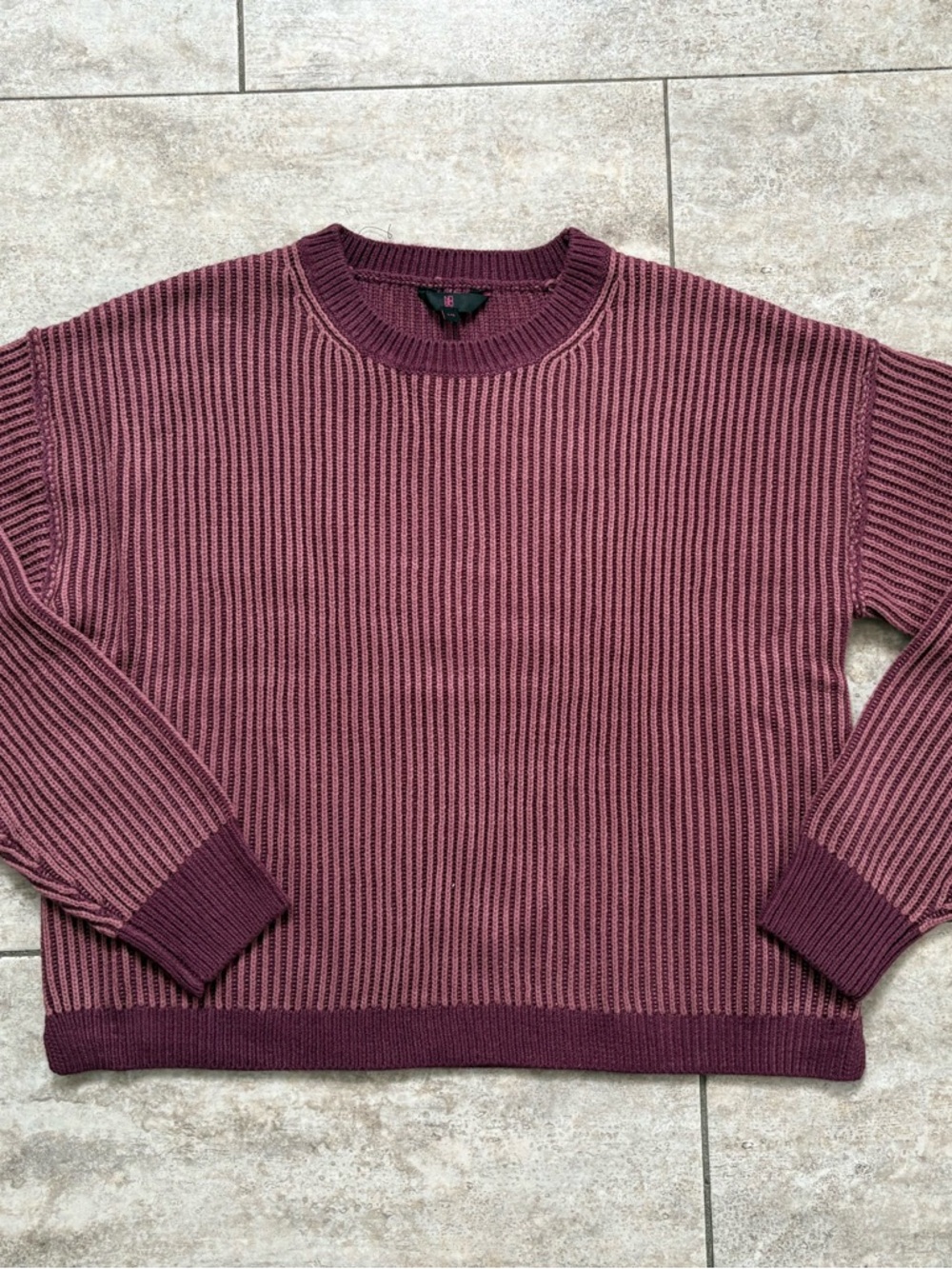Women's Striped Rib Knit Sweater - Burgundy/Pink
